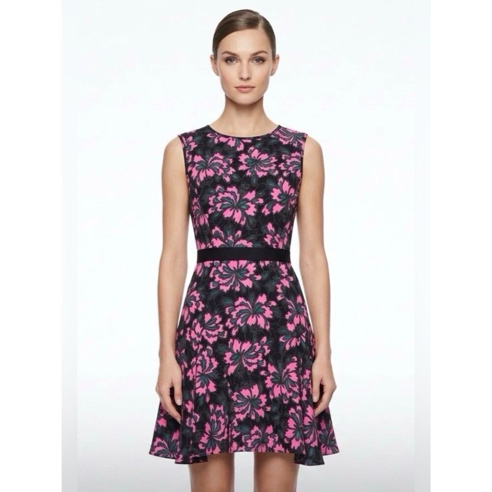 Milly New York Silk Floral Fit Flare Dress Pink Black Cocktail Party Size 6
